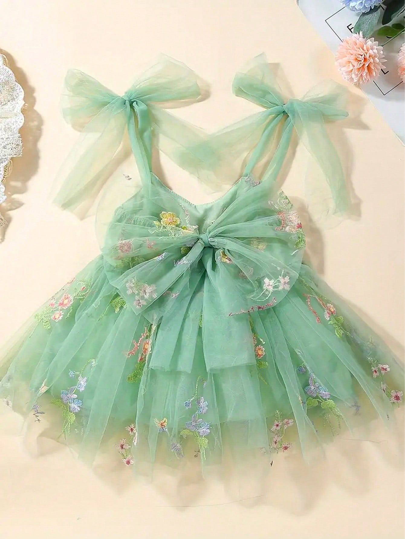 1pc Young Girl Cute Ladylike Elegant Gorgeous Sweet Princess Ribbon Bow Embroidered Floral Puffy Tulle Tutu Skirt For Parties, Events, Beach, Birthdays, Spring And Summer