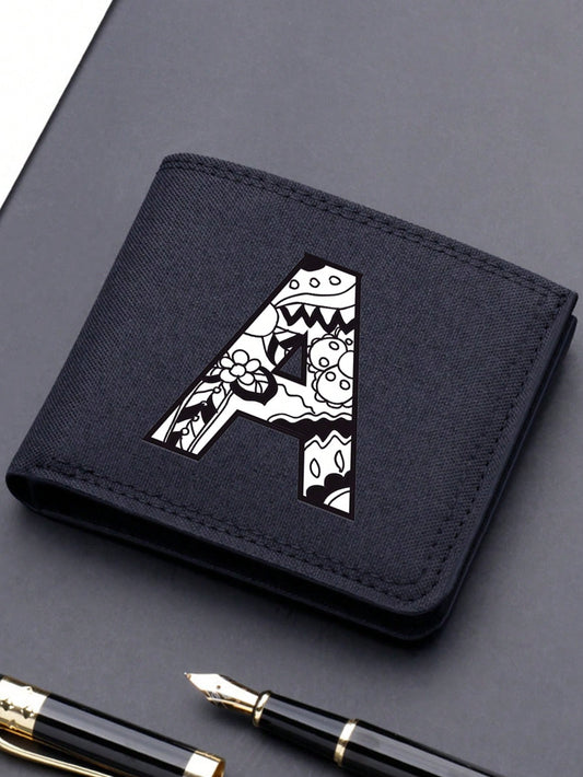 1pc Stylish Men's Wallet, Convenient Black Canvas Card Holder, Trendy 26 Alphabet Bifold Short Wallet