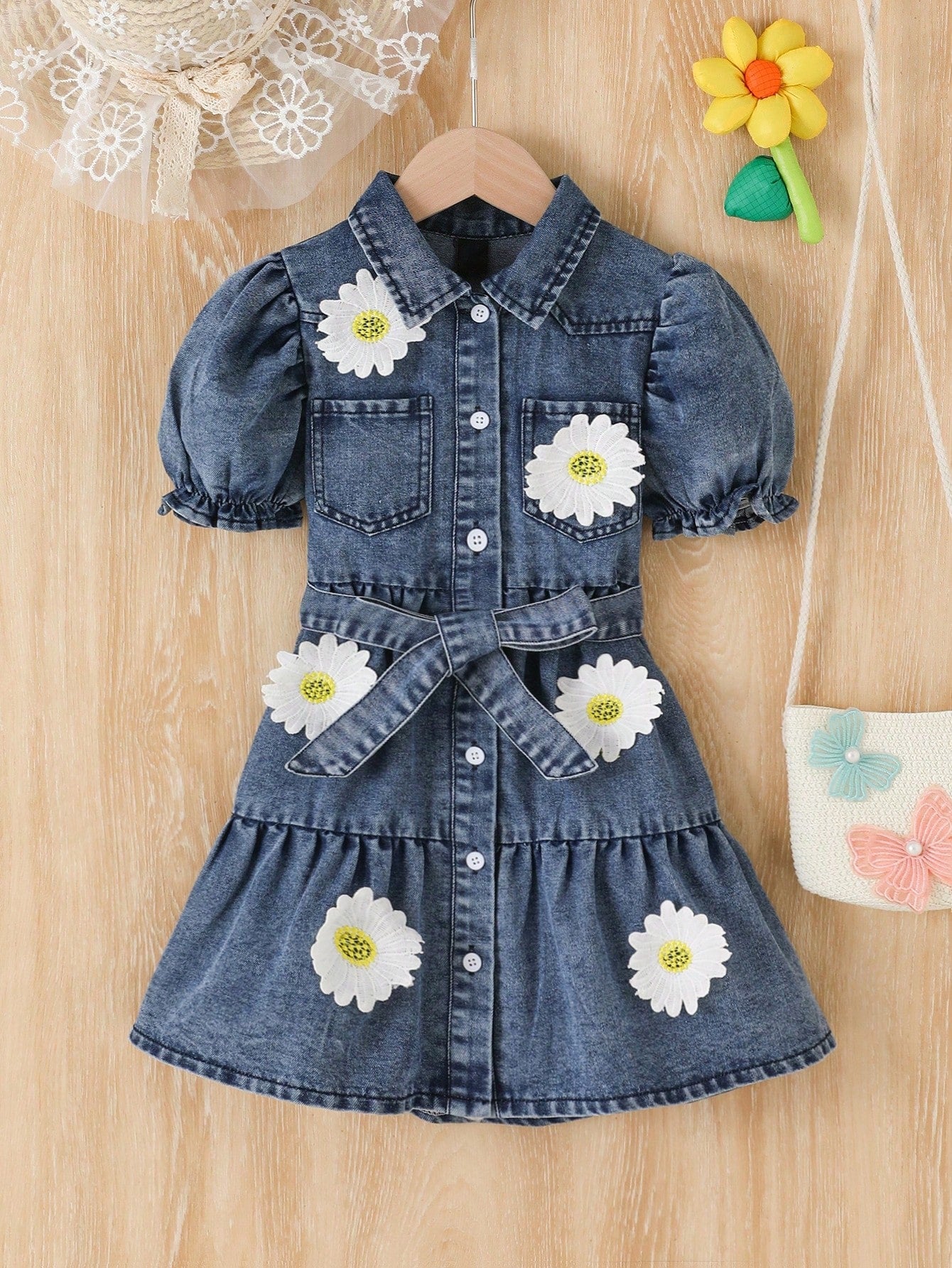 Young Girl Dark Loose Puff Sleeve Denim Dress With 3D Floral Embellishments