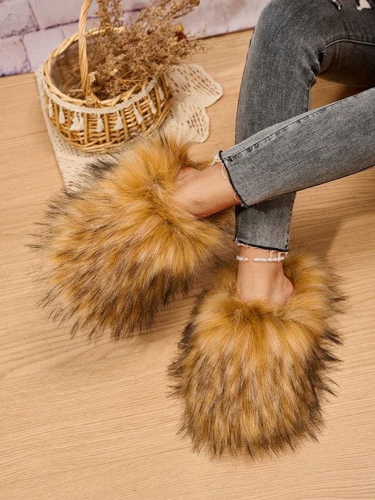 Women's Fluffy Slippers With Warm Fleece For Indoor Silent Anti-Skid Home Shoes. Large Size Slippers, Stylish Half-Pack Slippers For Outside Wear In Spring