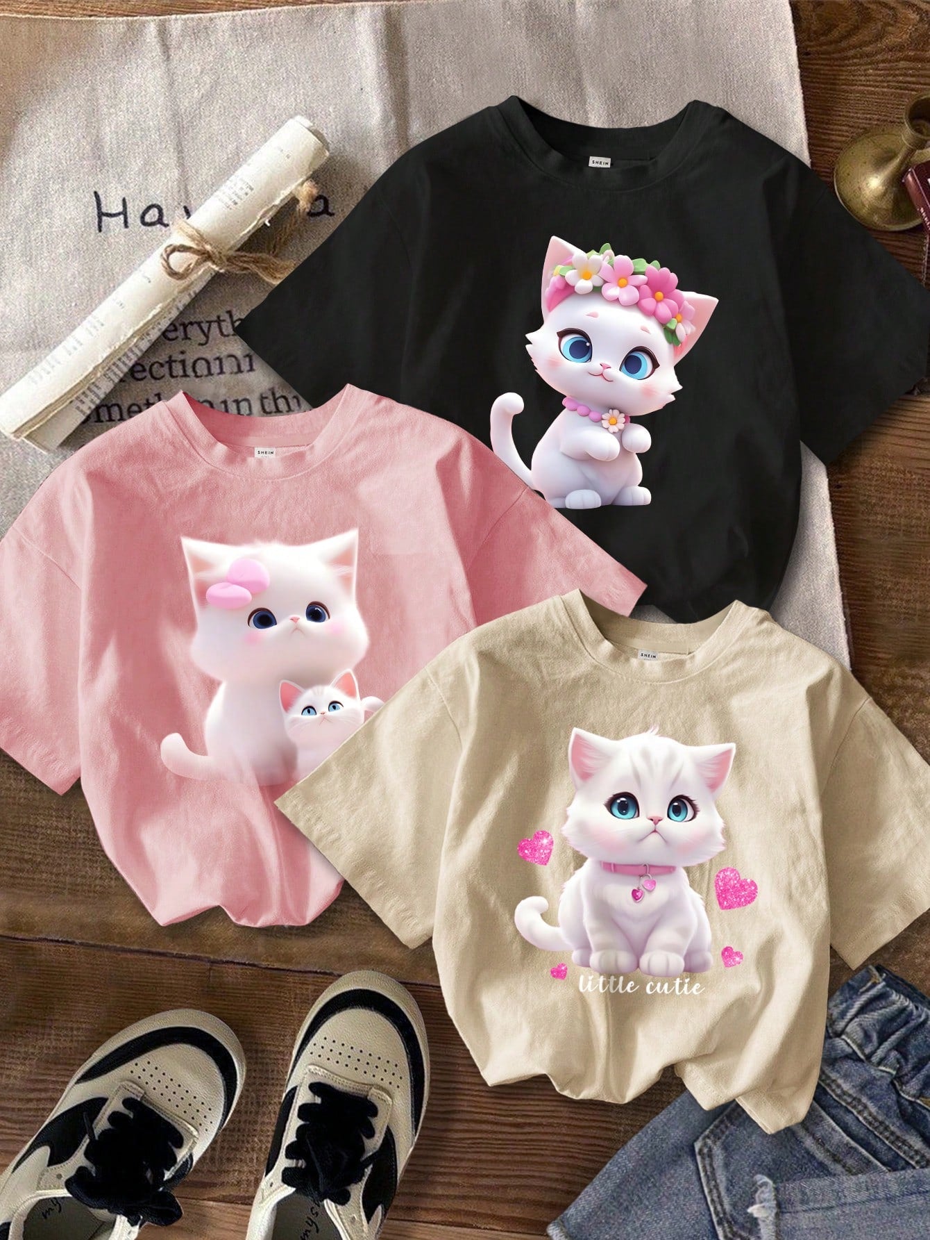 Summer Short Sleeve Round Neck Tops For Tween Girls, Multiple Cartoon , Letter And Bear Patterns, Funny T-Shirts In White, Pink And Black, Suitable For Summer