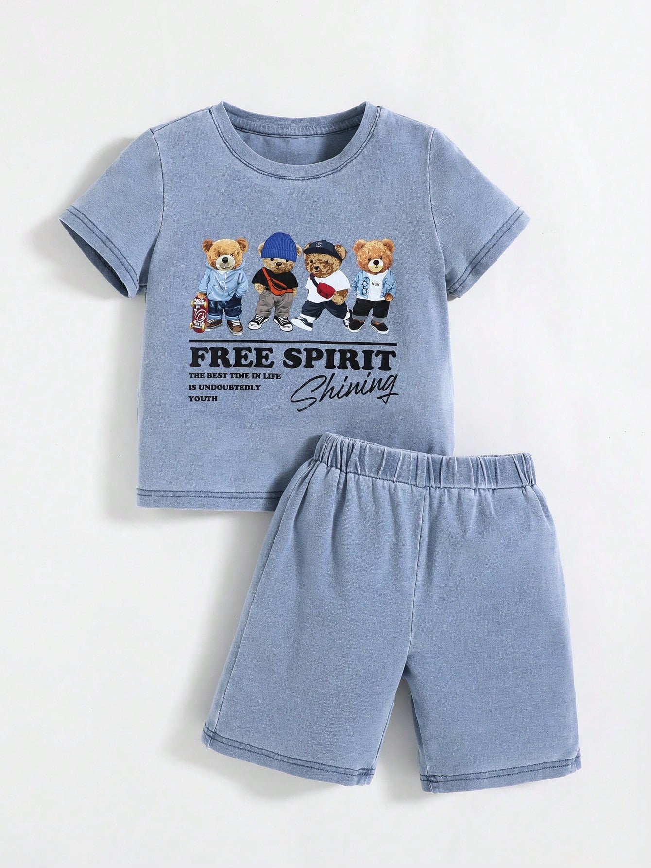 Young Boy 2pcs Bear Pattern Blue Knit Denim Comfortable Crisp T-Shirt And Loose Comfort Denim Boy Shorts For Dailywear And Back To School Clothes