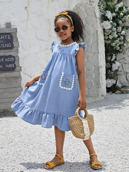 Tween Girl Summer Boho Causal Floral Embroidery Ruffle Trim Pocket Patched Soft Denim Dress,Kids Summer Clothes Outfits