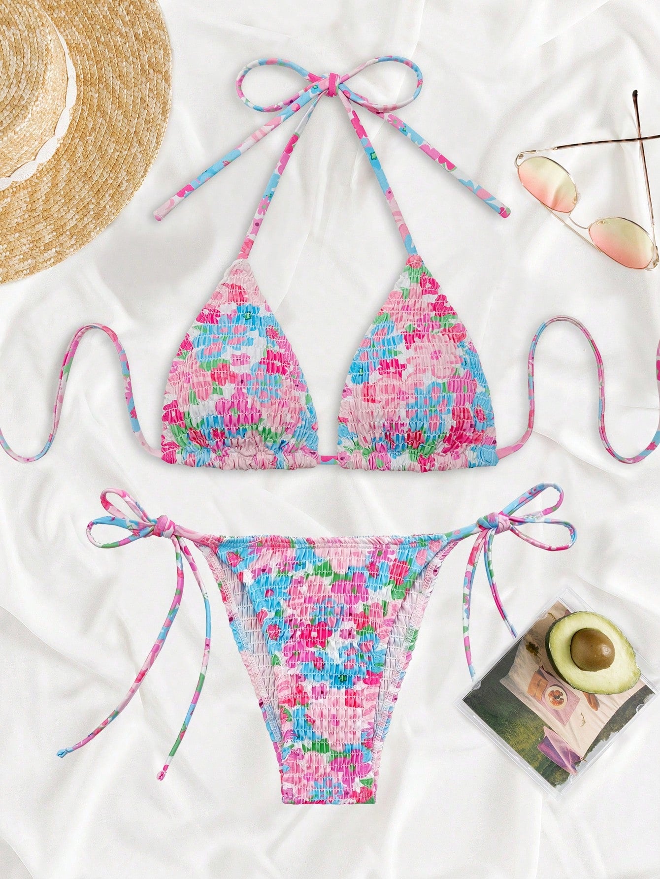 Swim Mod Summer Beach Random Floral Print Bikini Set Smocked Halter Triangle Bra Top & Tie Side Bikini Bottom 2 Pieces Bikini