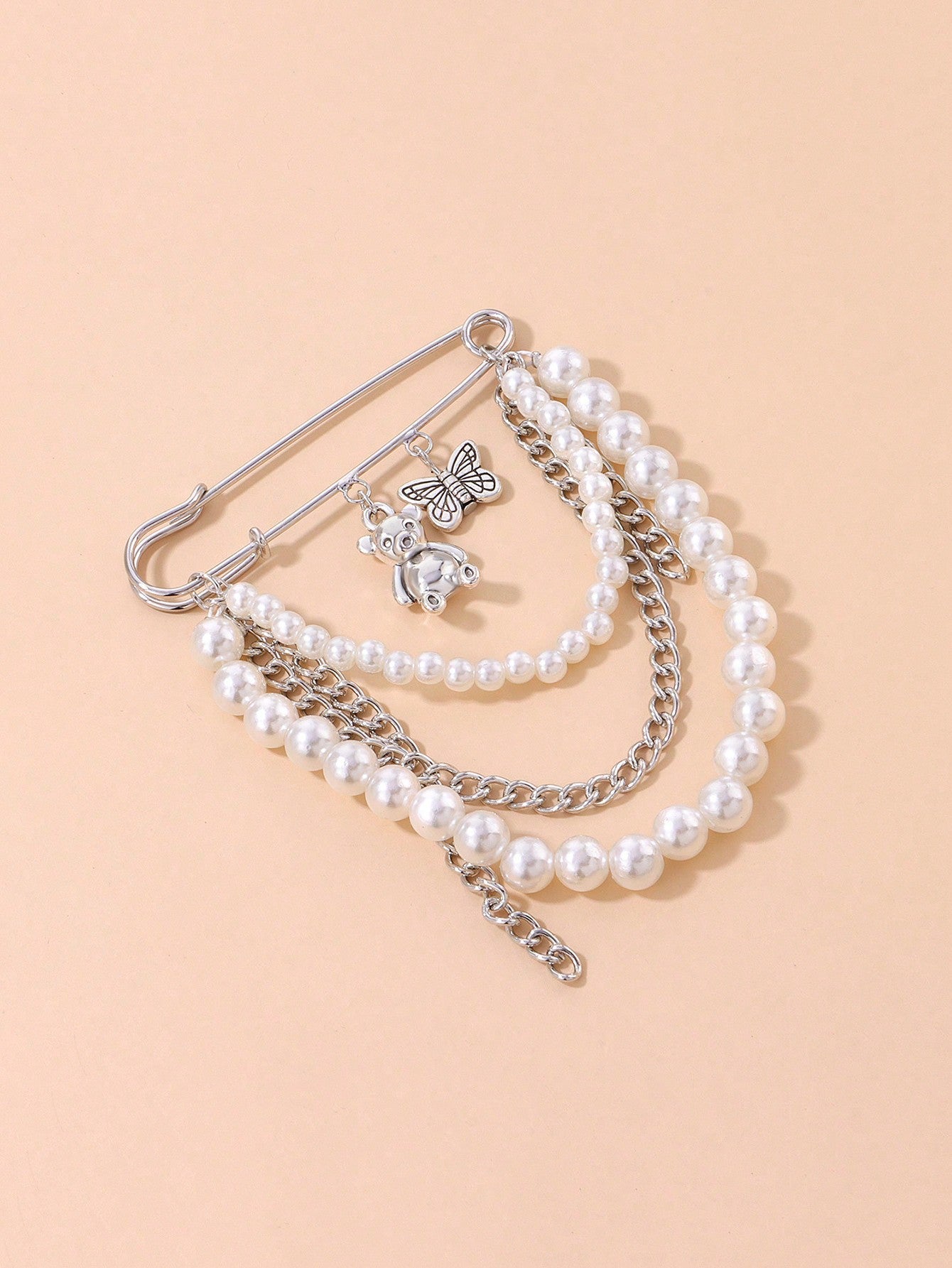 Bear-Shaped Pearl Chain Brooch, Trendy Vintage Pin Accessory With Multiple Elements