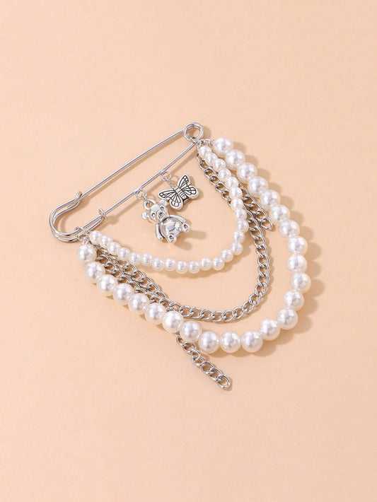 Bear-Shaped Pearl Chain Brooch, Trendy Vintage Pin Accessory With Multiple Elements