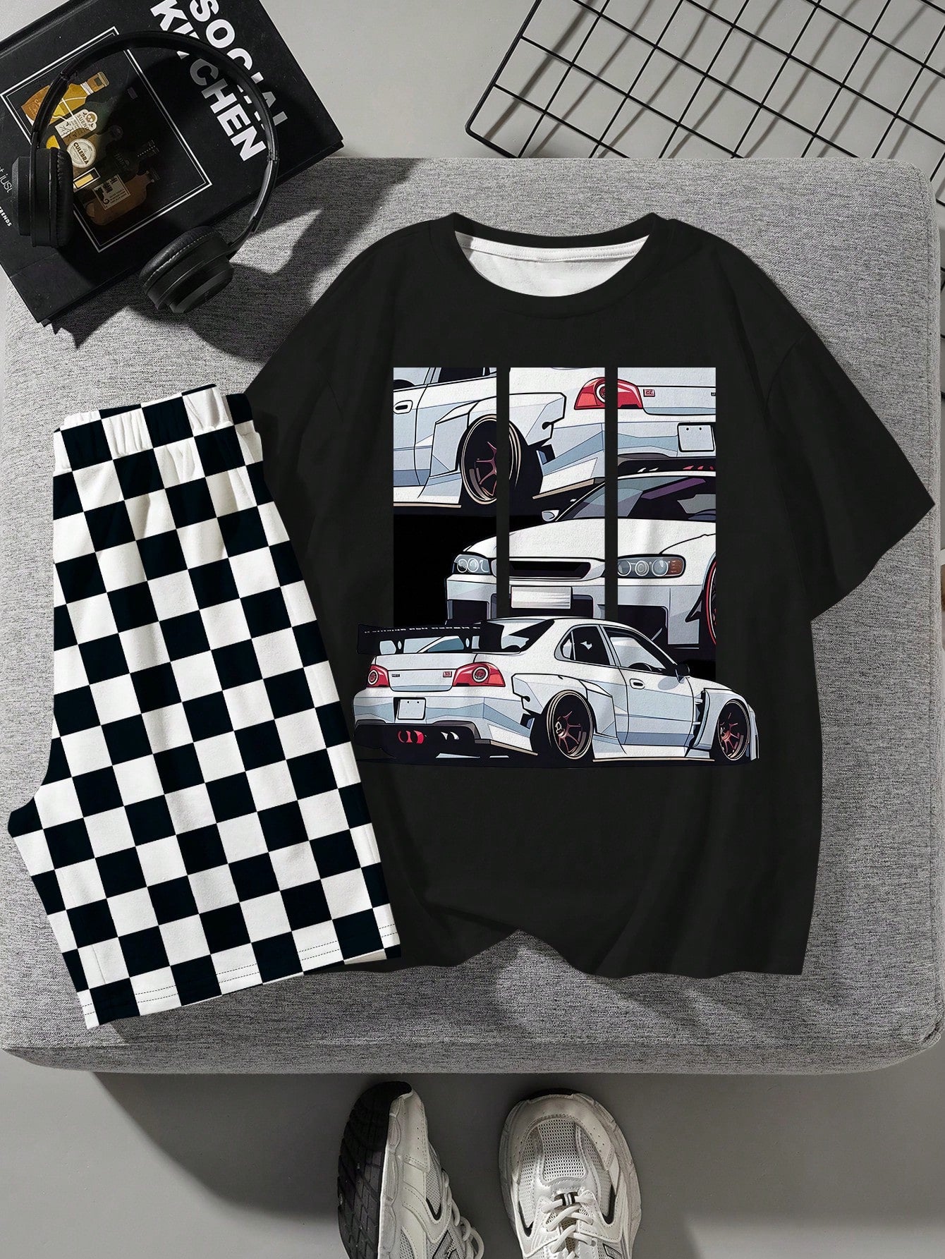 Tween Boy Casual Simple Car Pattern Round Neck Short Sleeve T-Shirt And Letter Print Shorts Suit For Summer