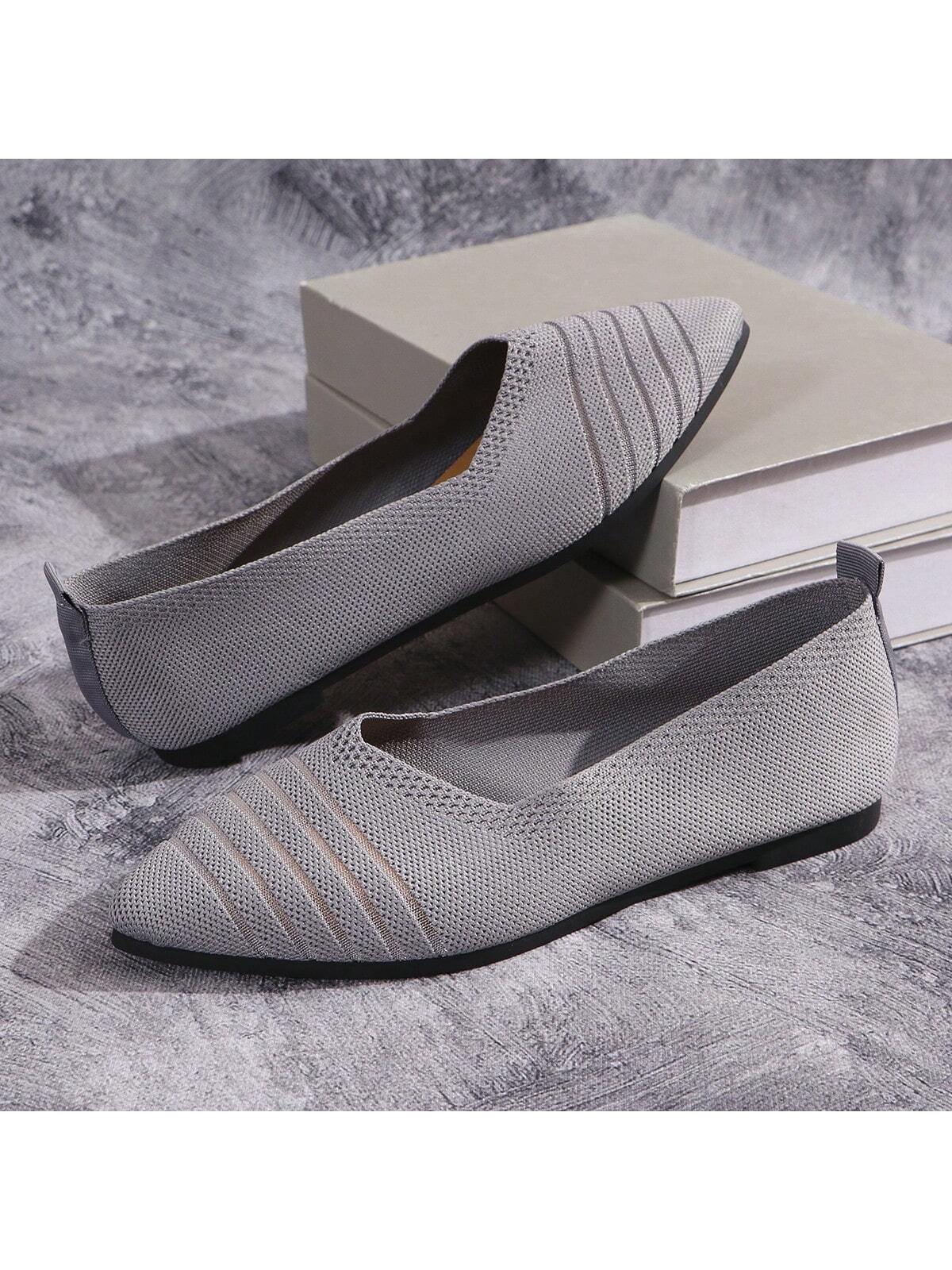 2024 Spring New Soft Bottom Shallow Pointed-Toe Breathable Flat Solid Color Hollow-Out Knit Women's Loafers