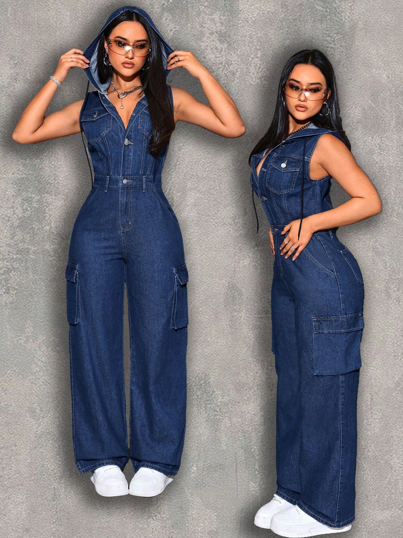 Women's Casual Hooded Denim Jumpsuit For Summer