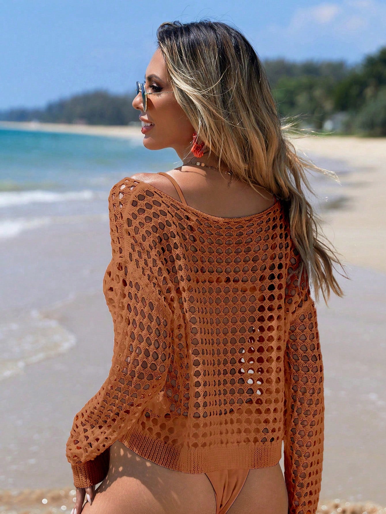 Swim Hollow Knitted Boat Neckline Dolman Sleeve Beach Vacation Summer Cover Up,Summer Beach