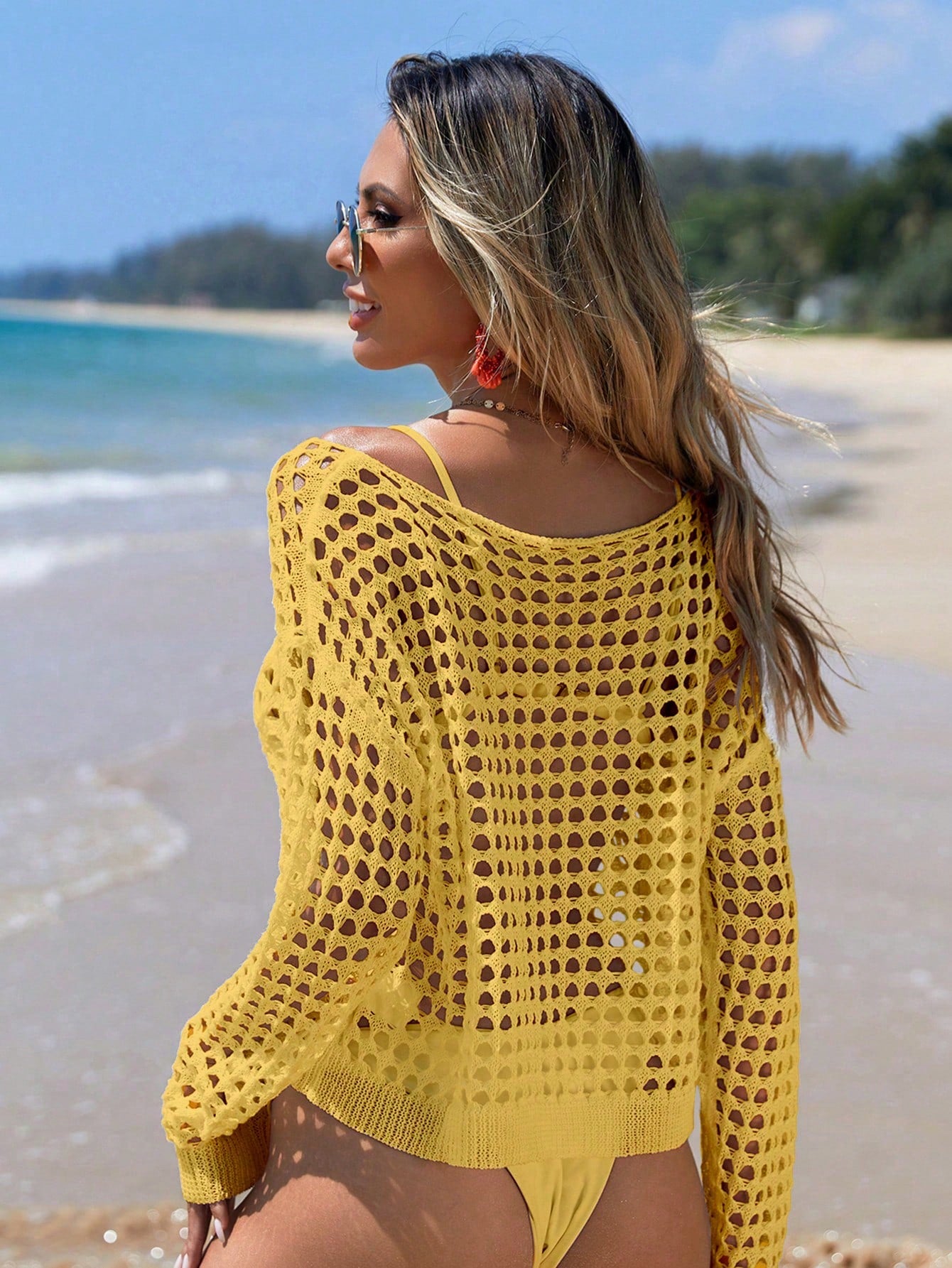 Swim Hollow Knitted Boat Neckline Dolman Sleeve Beach Vacation Summer Cover Up,Summer Beach