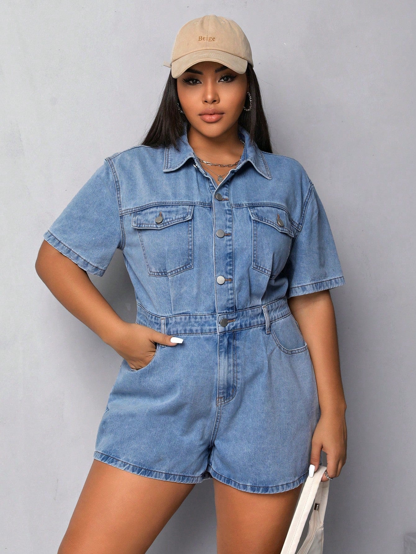 Plus Flap Pocket Denim Romper