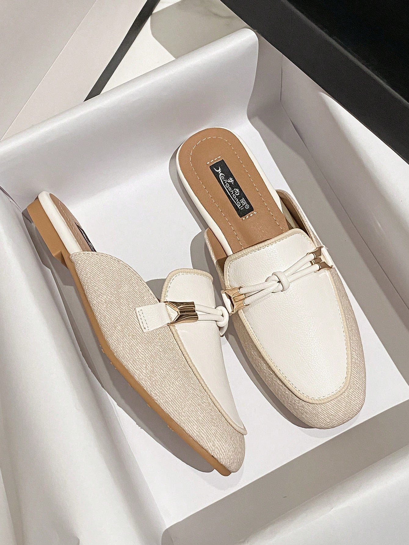 Women Beige Knot Decor Square Toe Flat Mules, Elegant Knot Detail Shoes For Daily