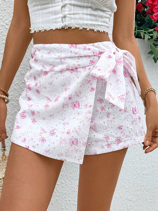 Women's Summer Hollow Out Embroidered Print Wrap Tie Side Culotte Pants