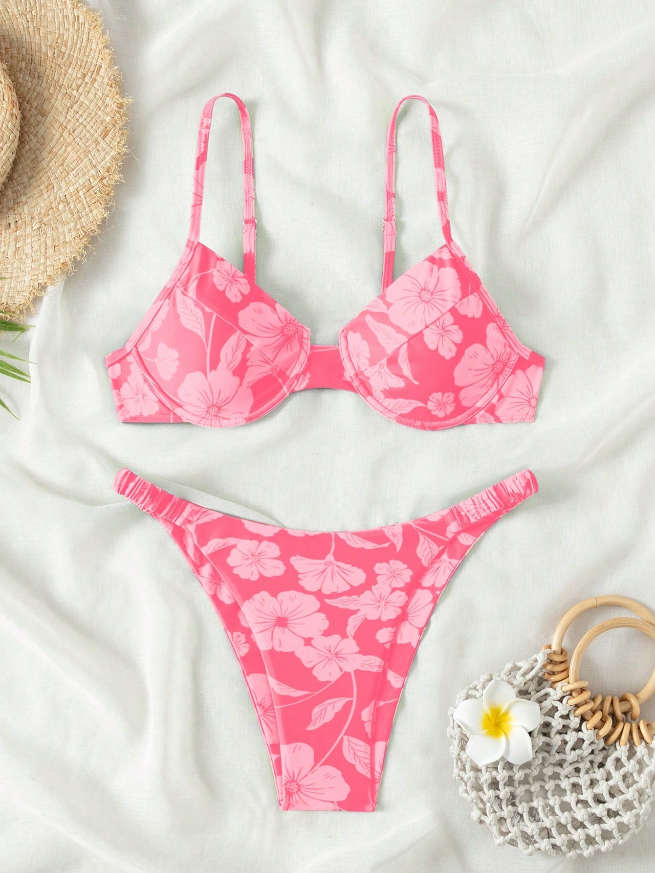 Swim Summer Beach Floral Print V-Neck Halter Bikini Set