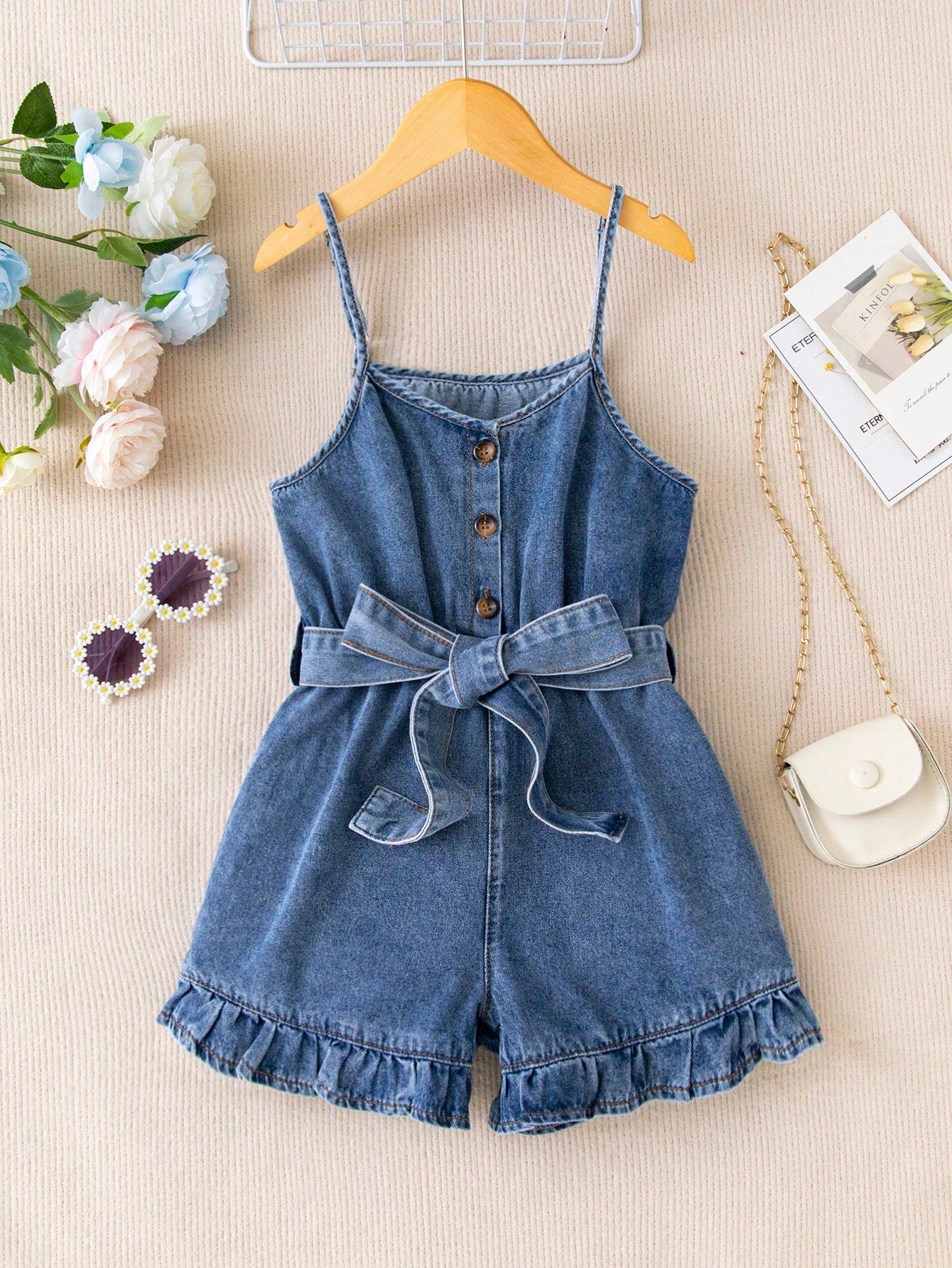 Tween Girls Summer Boho Trendy Stonewashed Ruffle Hem Belted Cute Cami Denim Romper With Botton Front