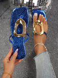 Women's Circle Gold Decorated Hollow Out Clip Toe T-Strap Sandals - Lightweight, Fashionable And Versatile Flat Sandals With Vacation & Summer Vibes