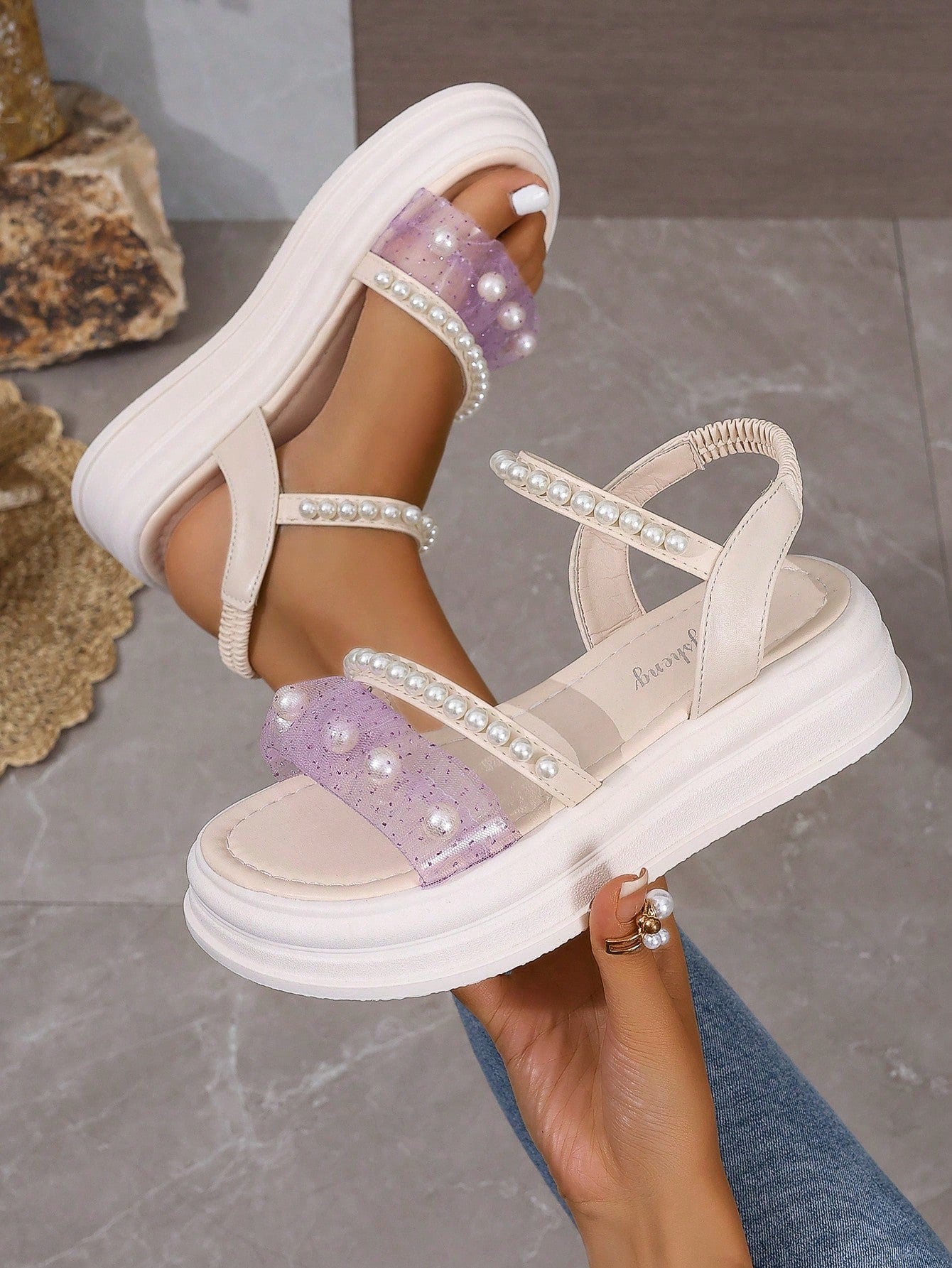 Women's Bohemian Style Rhinestone Woven Platform Sandals, Summer Casual Beach Roman Style Shoes