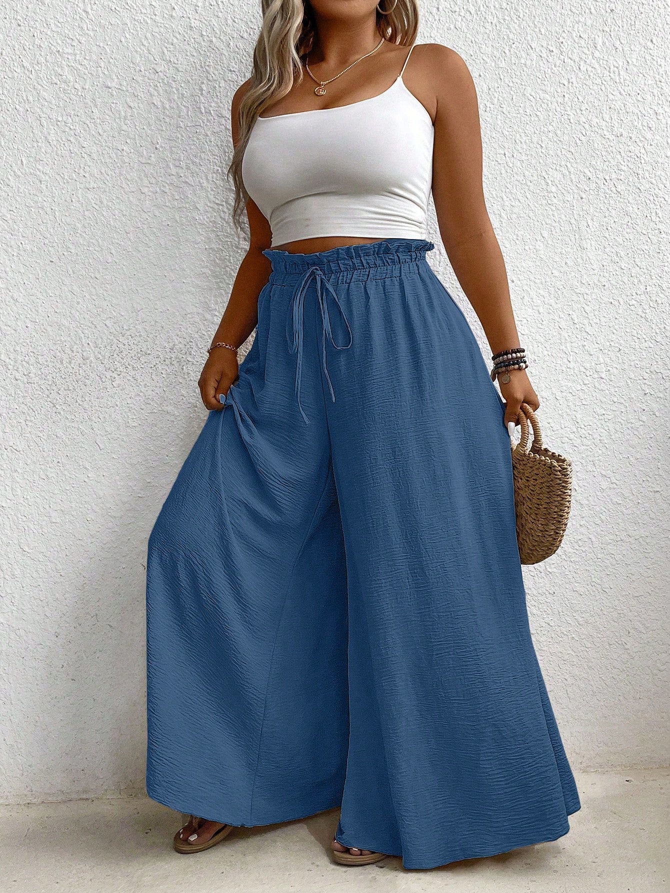 Plus Size Elastic Waist Belted Loose Textured Wide-Leg Pants