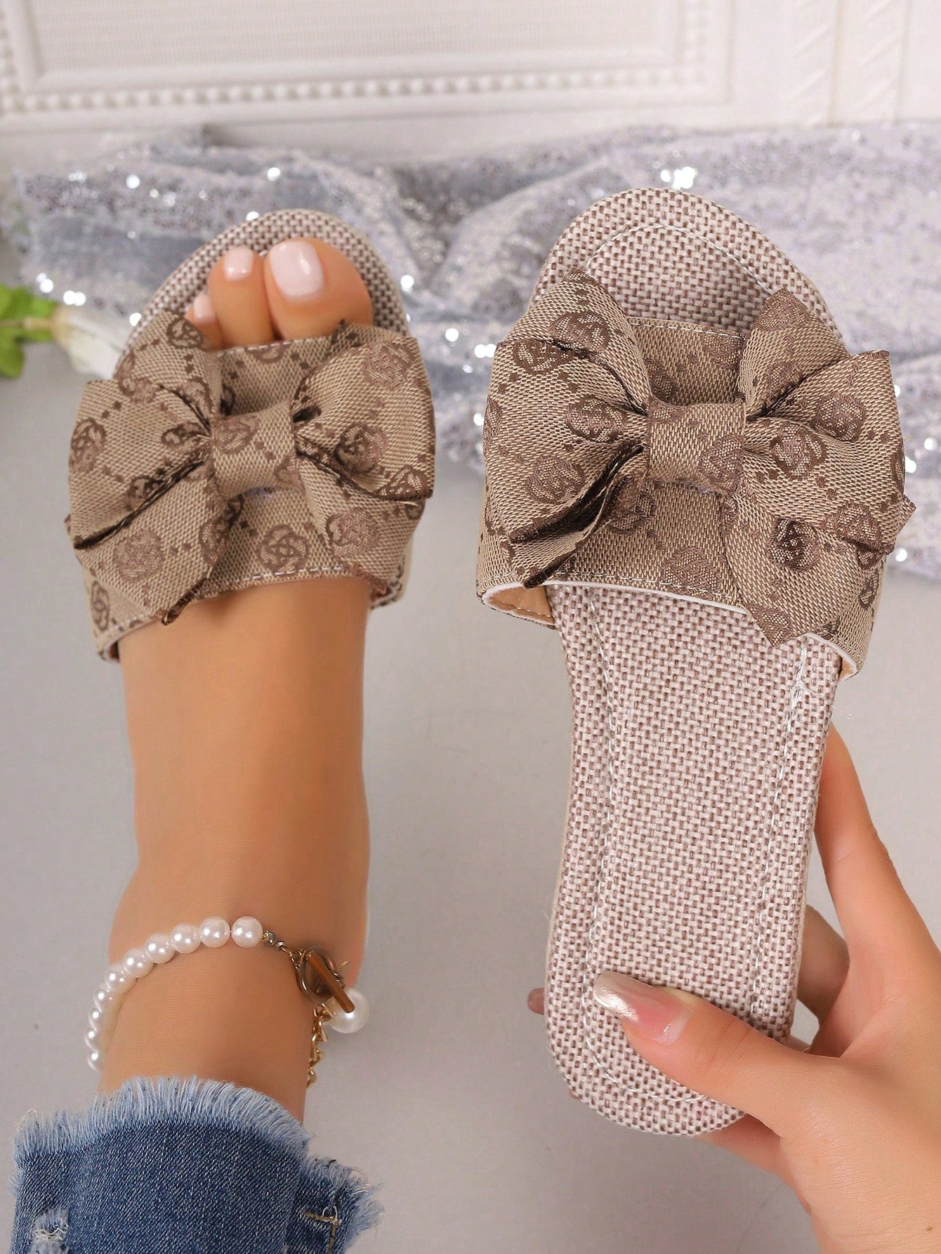 Women's New Style 3D Bowknot Couple Best-Selling Straw Sole Woven Insole Simple Style Wedge Thick-Bottomed Sandals, Plus Size Open Toe Butterfly Decorated Classic Beach Slippers, Pink