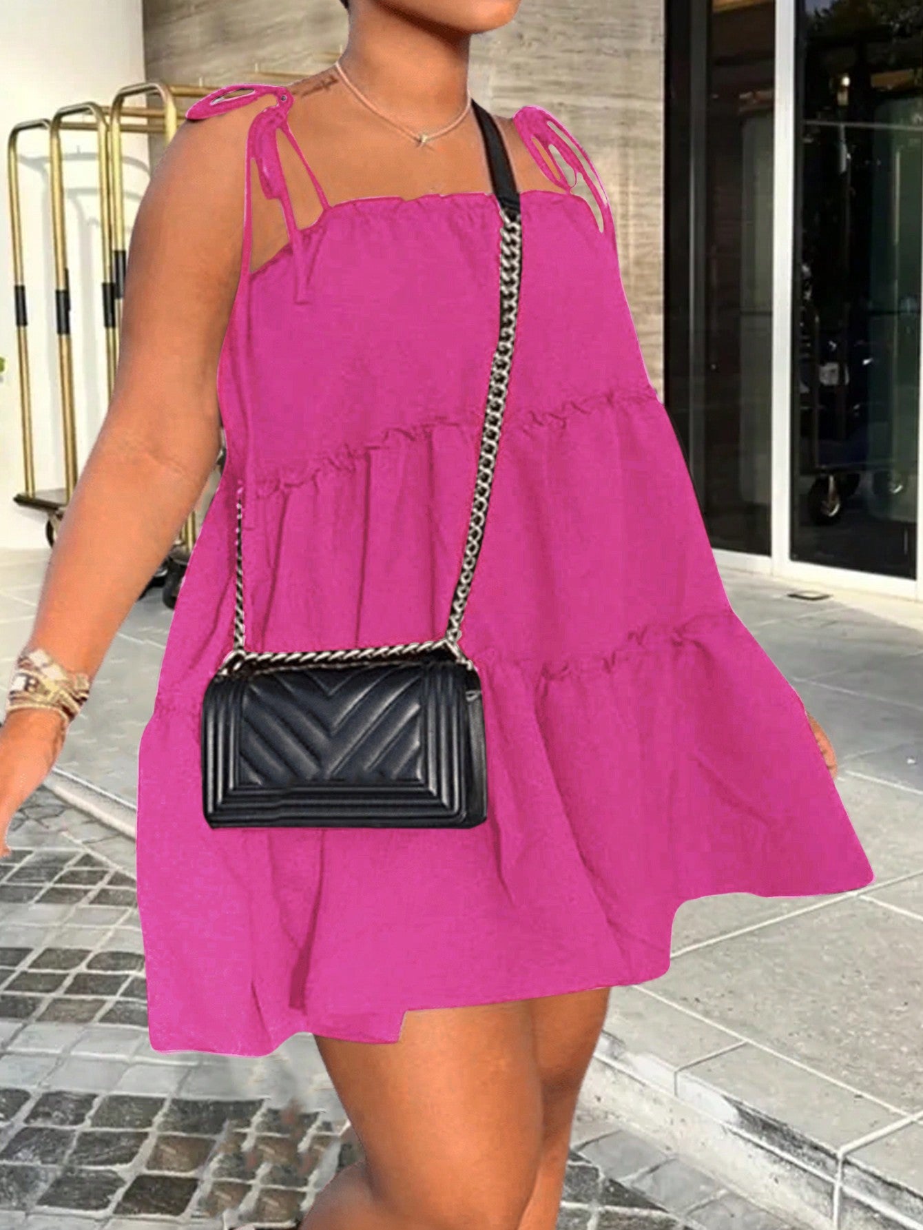 Plus Size Women's Summer Casual Loose A-Line Mini Dress With Multi-Layered Hem And Shoulder Straps