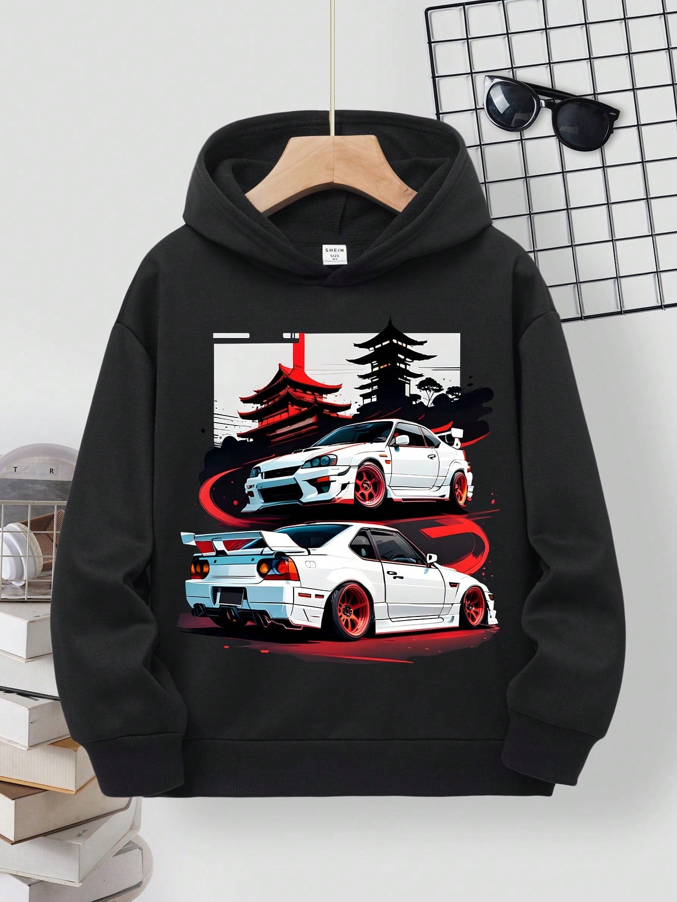 Tween Boys' Casual & Minimalist White Racing Printed Long Sleeve Hooded Sweatshirt, Suitable For Autumn/Winter