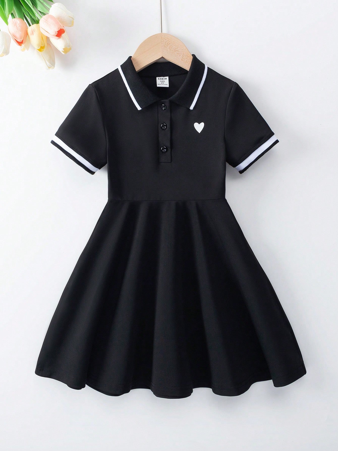 Young Girl Preppy Style Heart Pattern Polo Collar Short Sleeve Dress, Suitable For Summer And Back To School Sports