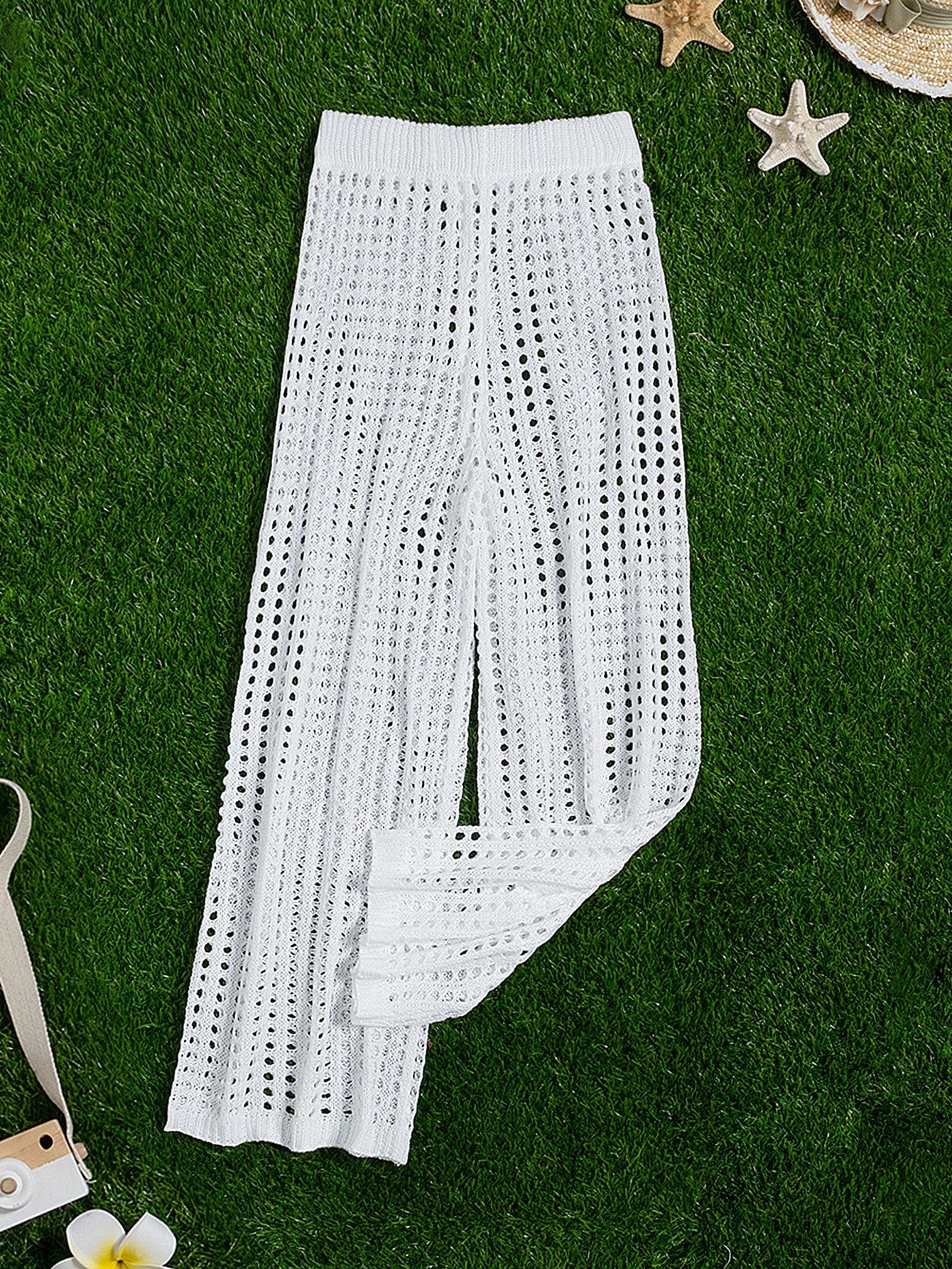 Swim Teen Girl Solid White Crochet Drawstring Hollow Out Beach Cover-Up Pants, Casual And Style, Suitable For Summer And Beach