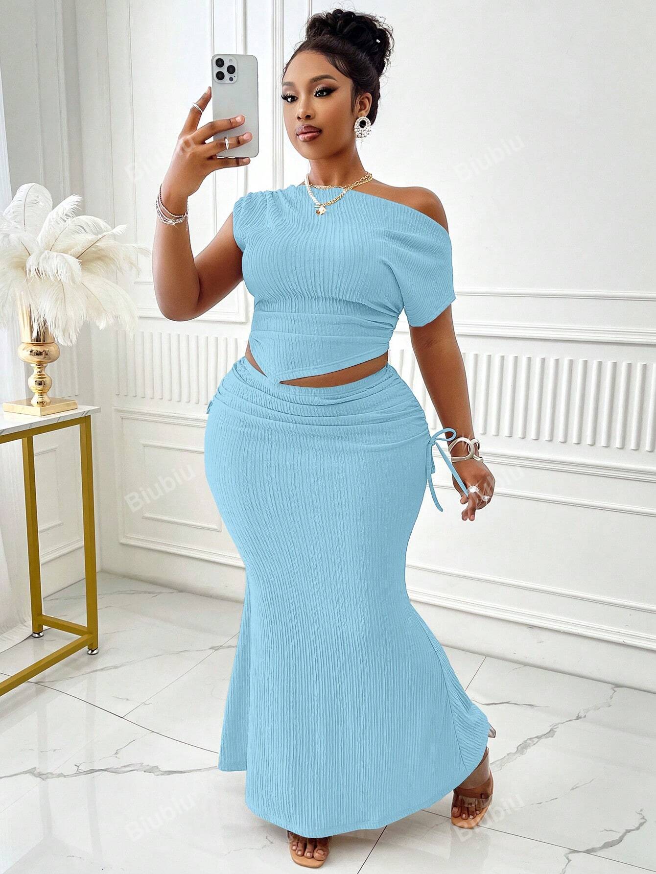 Women's Plus Size  Asymmetrical Shoulder Pleated Top With Asymmetrical Hem And Mermaid Style Skirt Suit