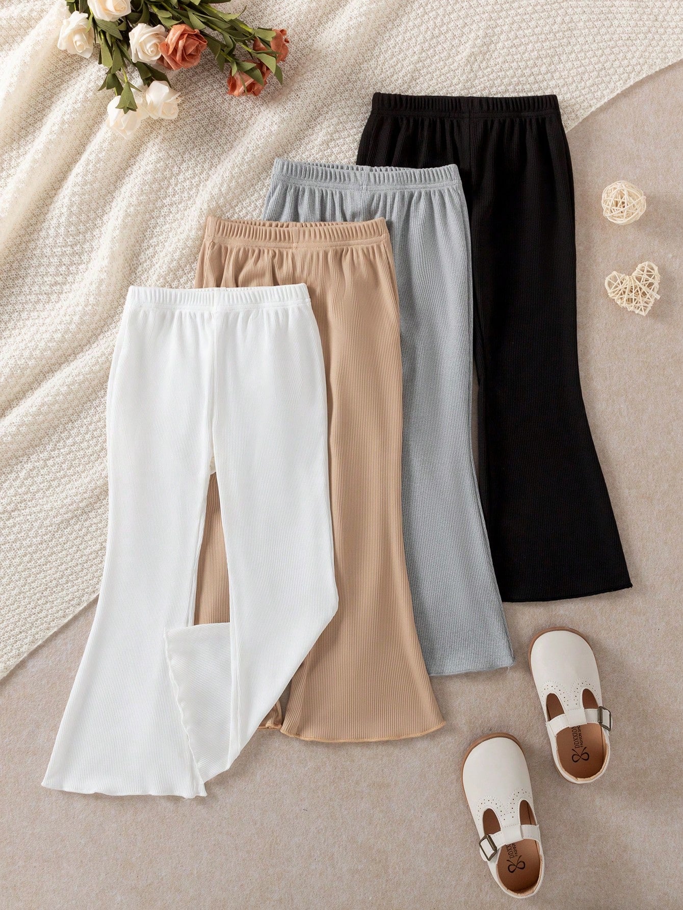 Girls Casual Flared Ribbed Ice Silk Pants, Fashion Stylish Leisure Holiday Thin Solid Color Soft Fitted Sweatpants