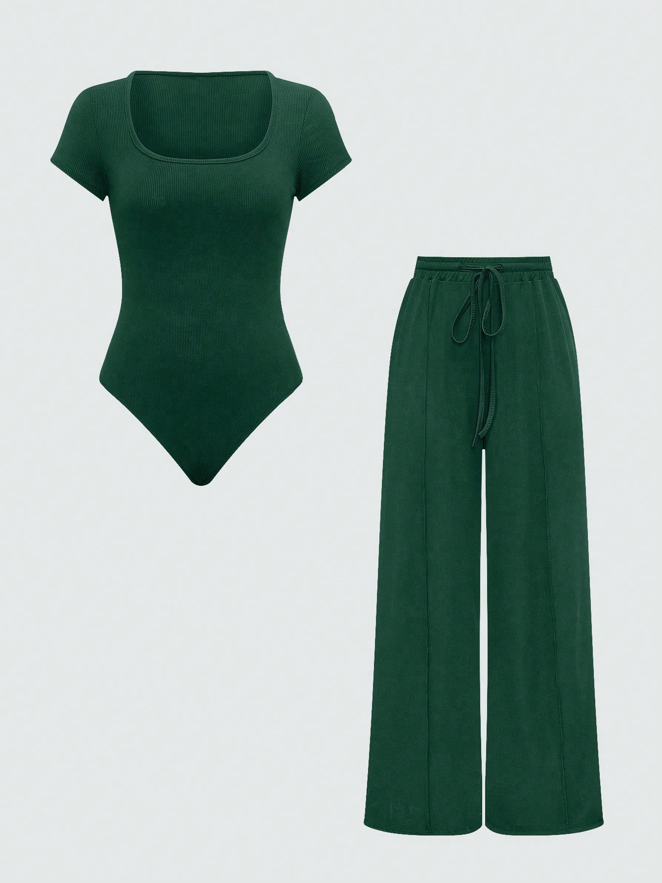 Solid Color Jumpsuit And Wide Leg Pants 2pcs/Set