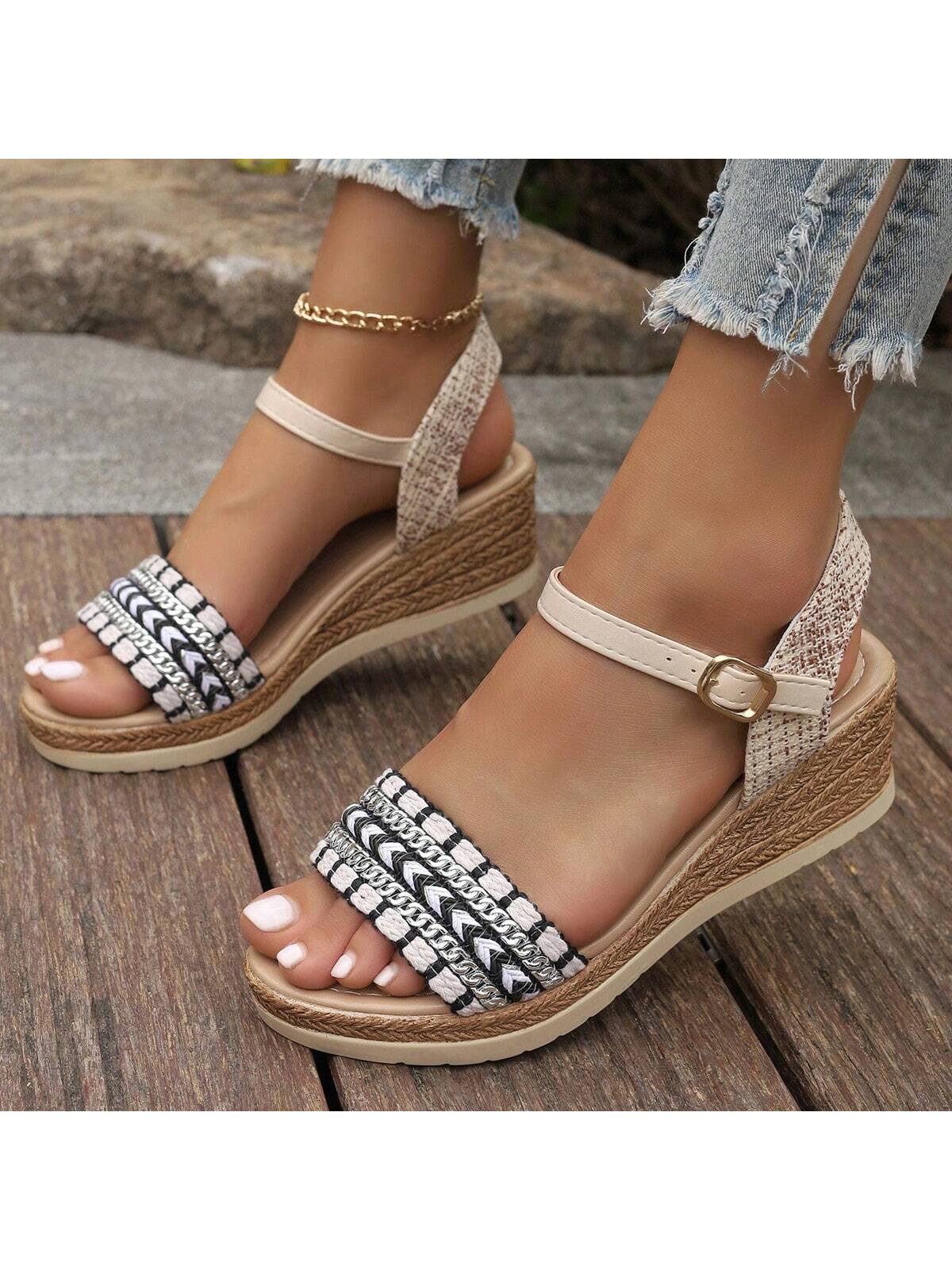 2024 New Summer Women Wedge Heel Waterproof Non-Slip Sandals With Fashionable Chunky Heel One-Strap Buckle High Heels For Outdoor Use