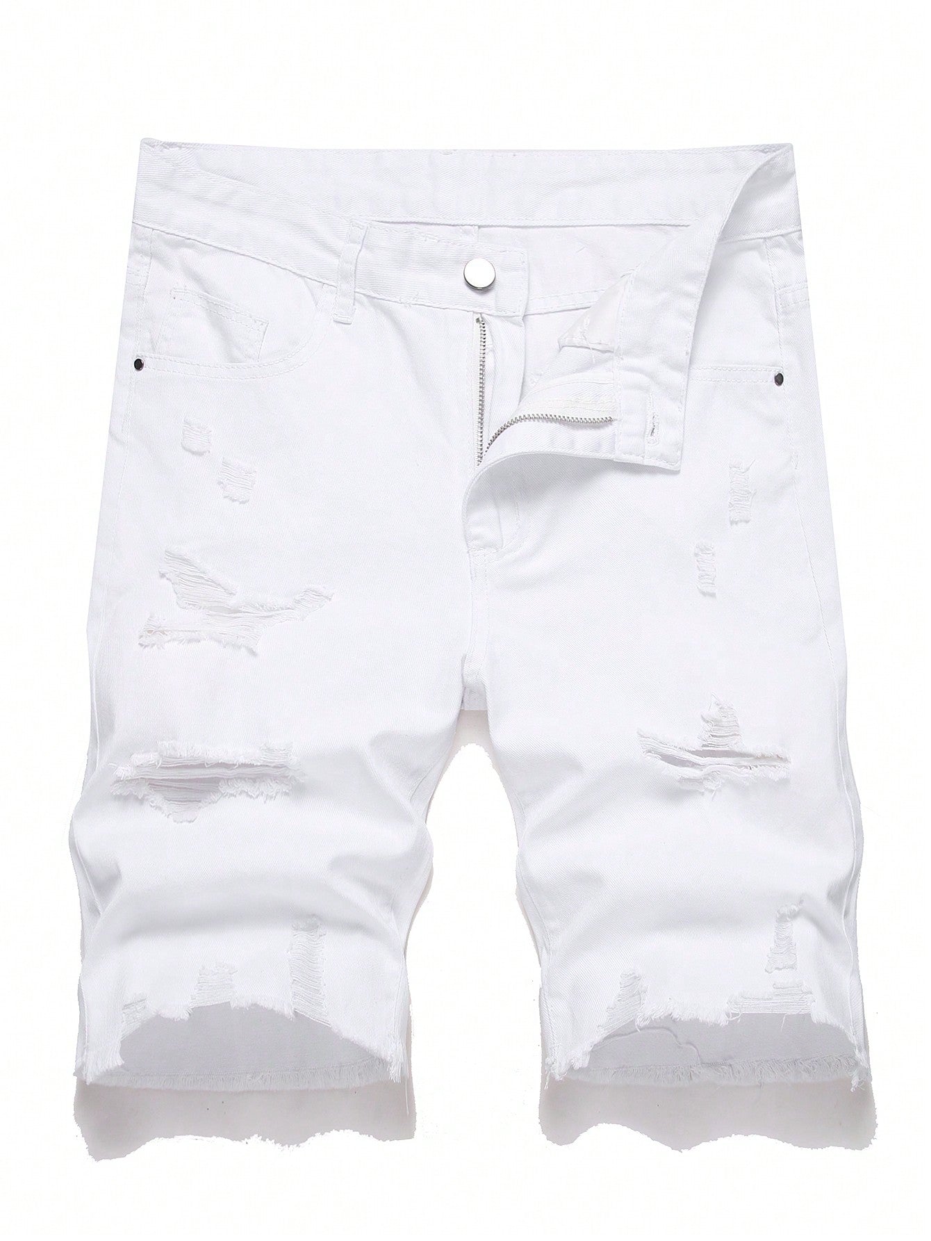 Men's Solid Color Frayed Denim Shorts With Pockets And Distressed Details, Summer