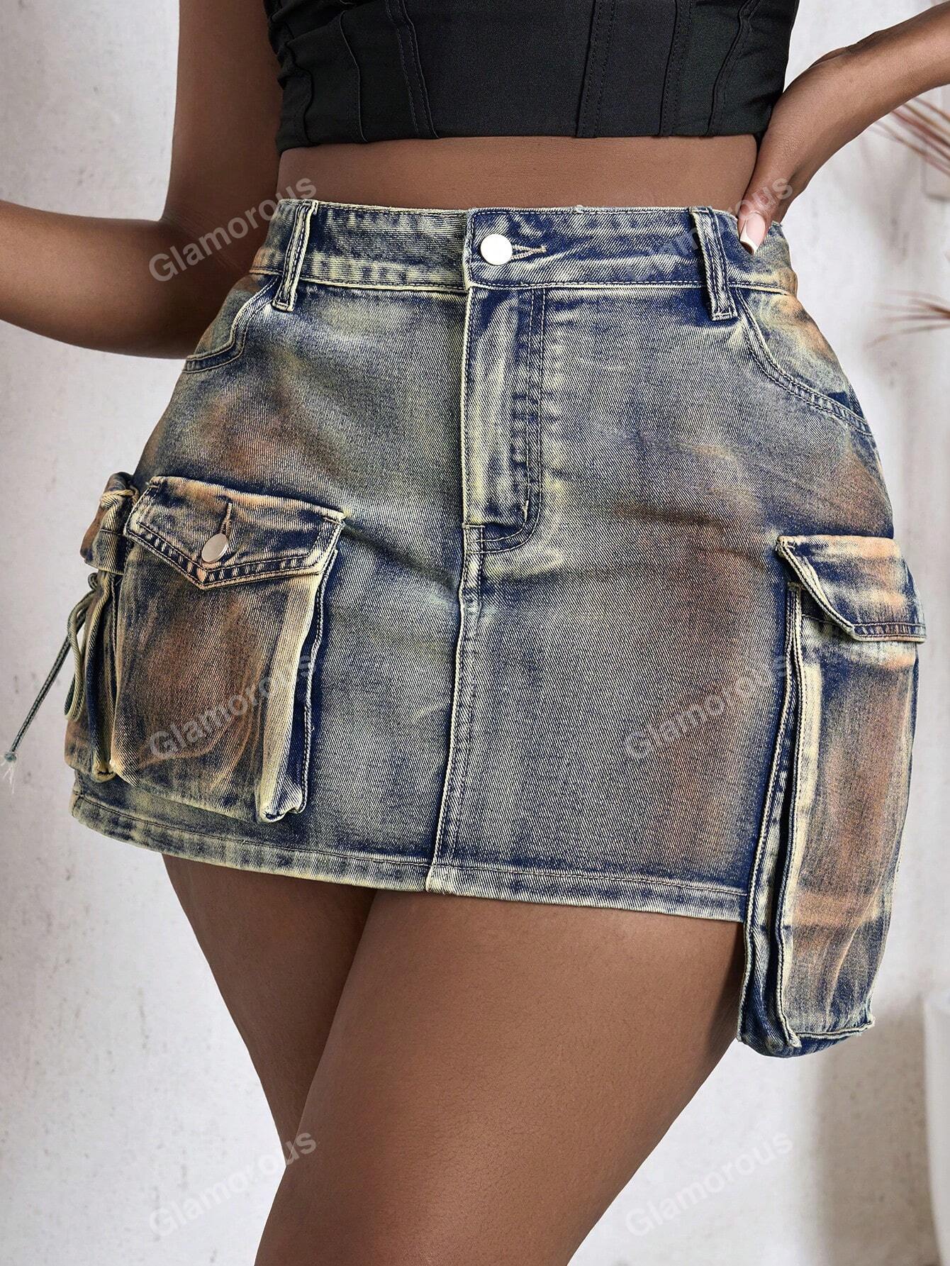 Plus Size Y2k Preppy Retro High Waist Washed Blue Denim Workwear Club Mini Shorts