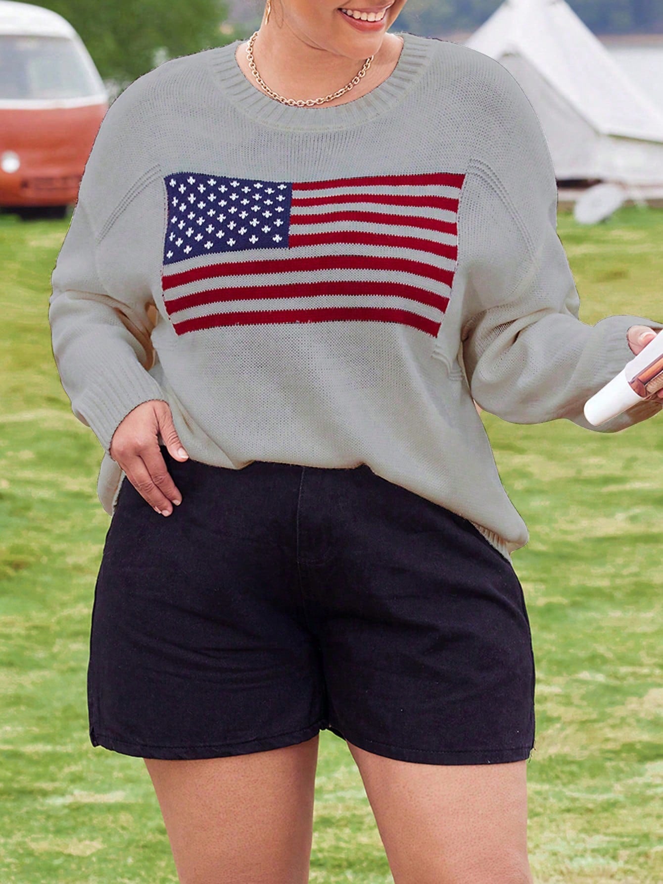 Plus Size Round Neck Flag Printed Oversized Pullover Sweater, Long Sleeve