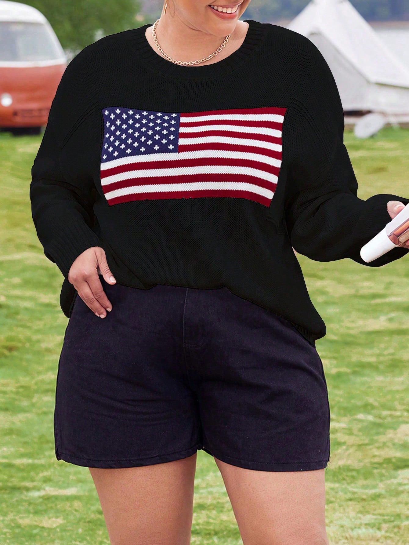 Plus Size Round Neck Flag Printed Oversized Pullover Sweater, Long Sleeve