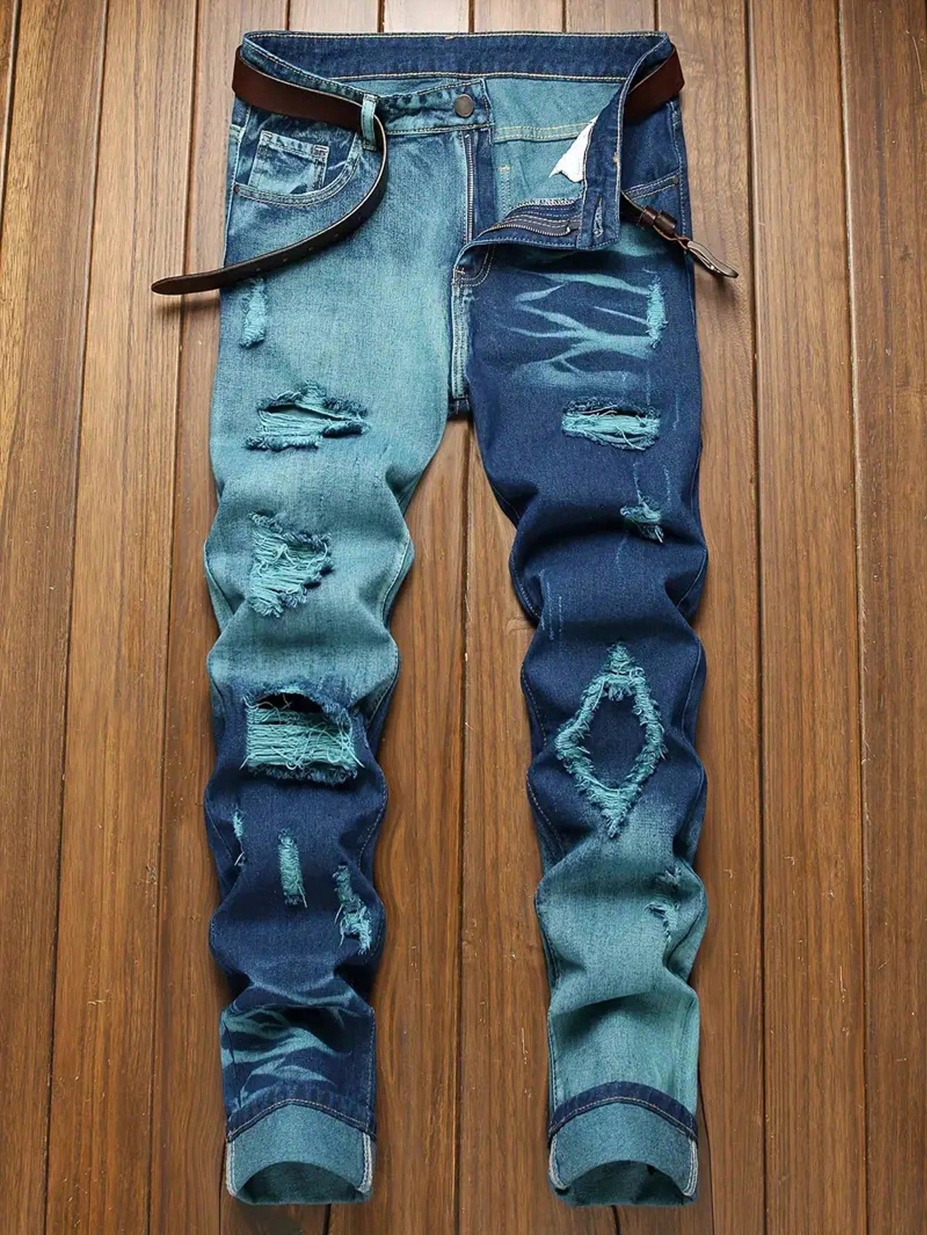 Men Vintage Washed Contrast Color Patchwork Distressed Slim Fit Jeans