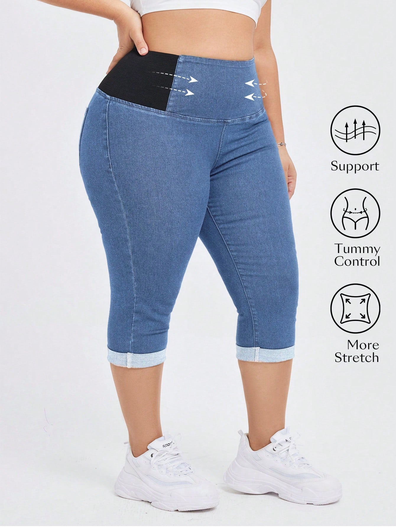 Plus Size High Waist, Elastic And Tight-Fitting Belly Control Skinny Denim Capris Mid-Length Jeans