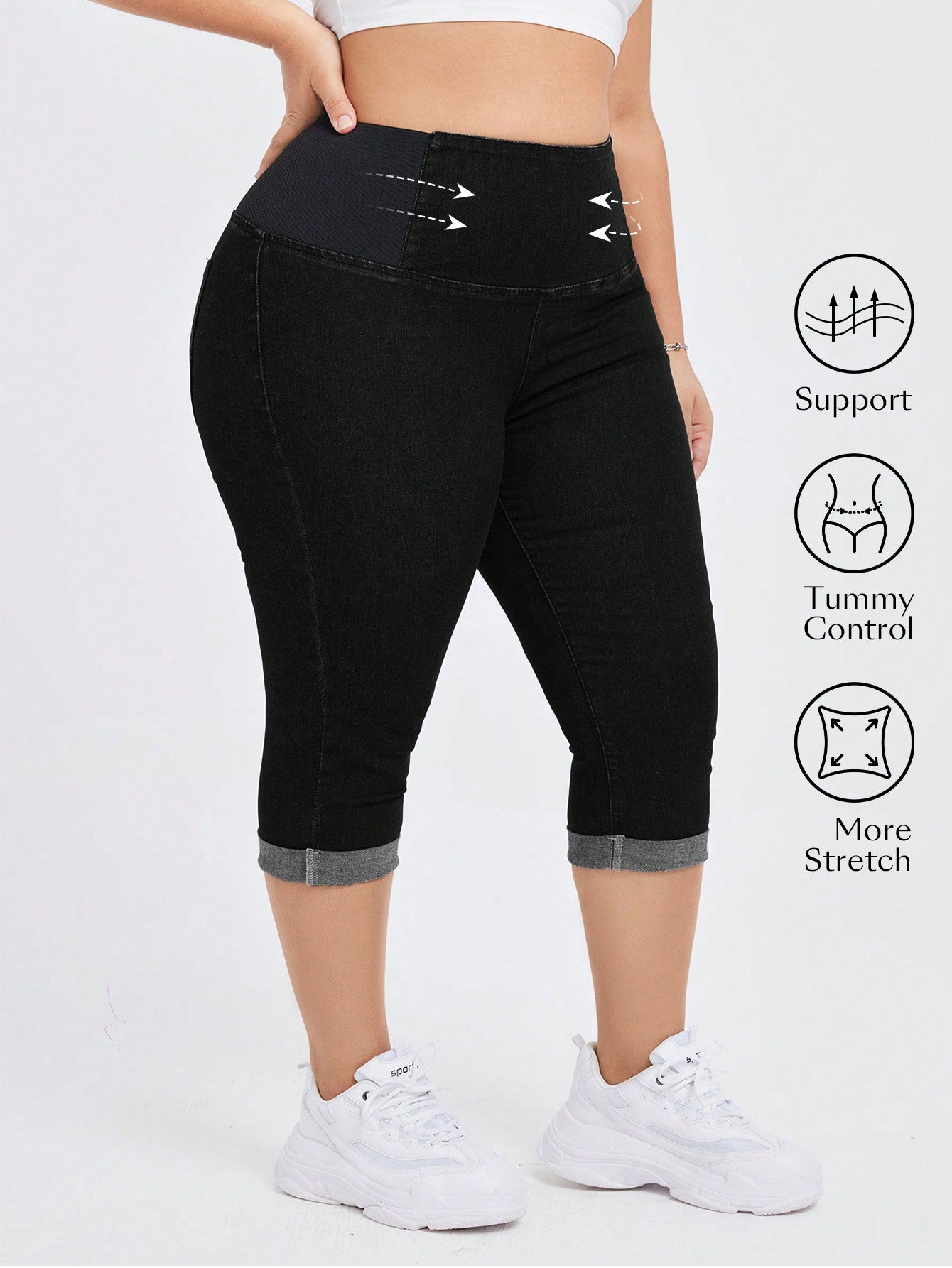 Plus Size High Waist, Elastic And Tight-Fitting Belly Control Skinny Denim Capris Mid-Length Jeans