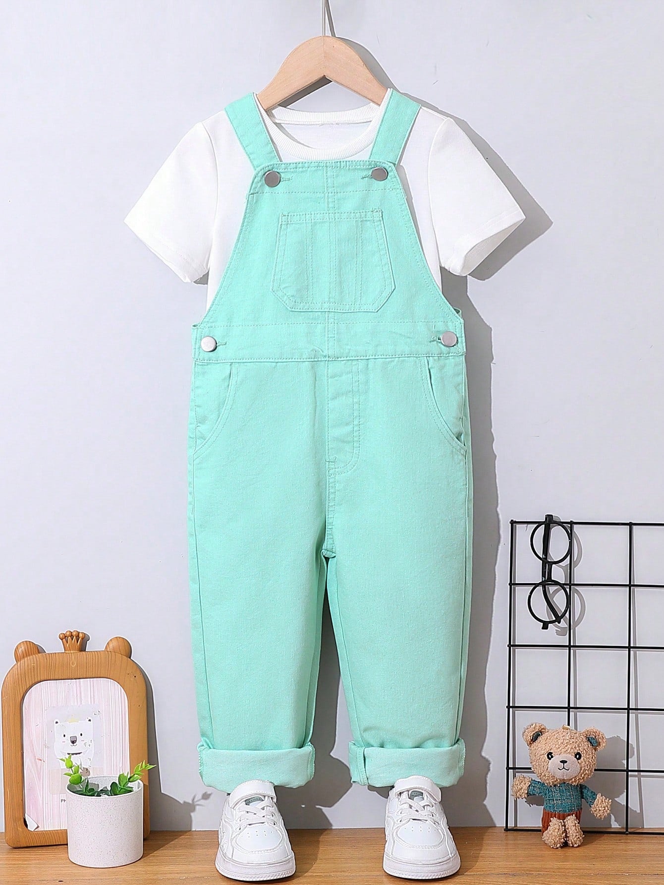 Streecool Kids Toddler Boys' Light Green Colored Denim Overalls, Fashionable And Versatile, Suitable For Spring And Summer