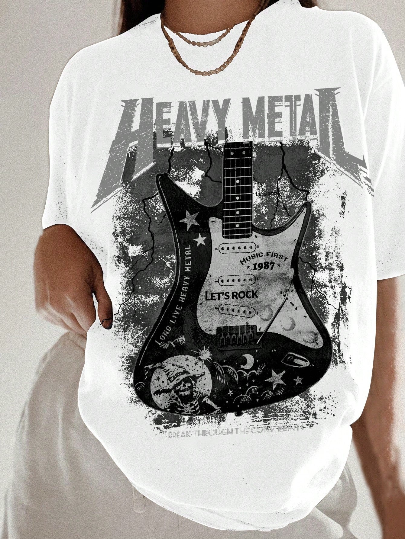 Oversized T-Shirts, Casual And Simple Printed Round Neck Short Sleeve Loose Fit Tee, Plus Size, Suitable For Summer HEAVY METAL LONG LIVE HEAVY METAL MUSIC FIRST 1987 LET'S ROCK BREAK THROUGH THE CONSTRAINTS