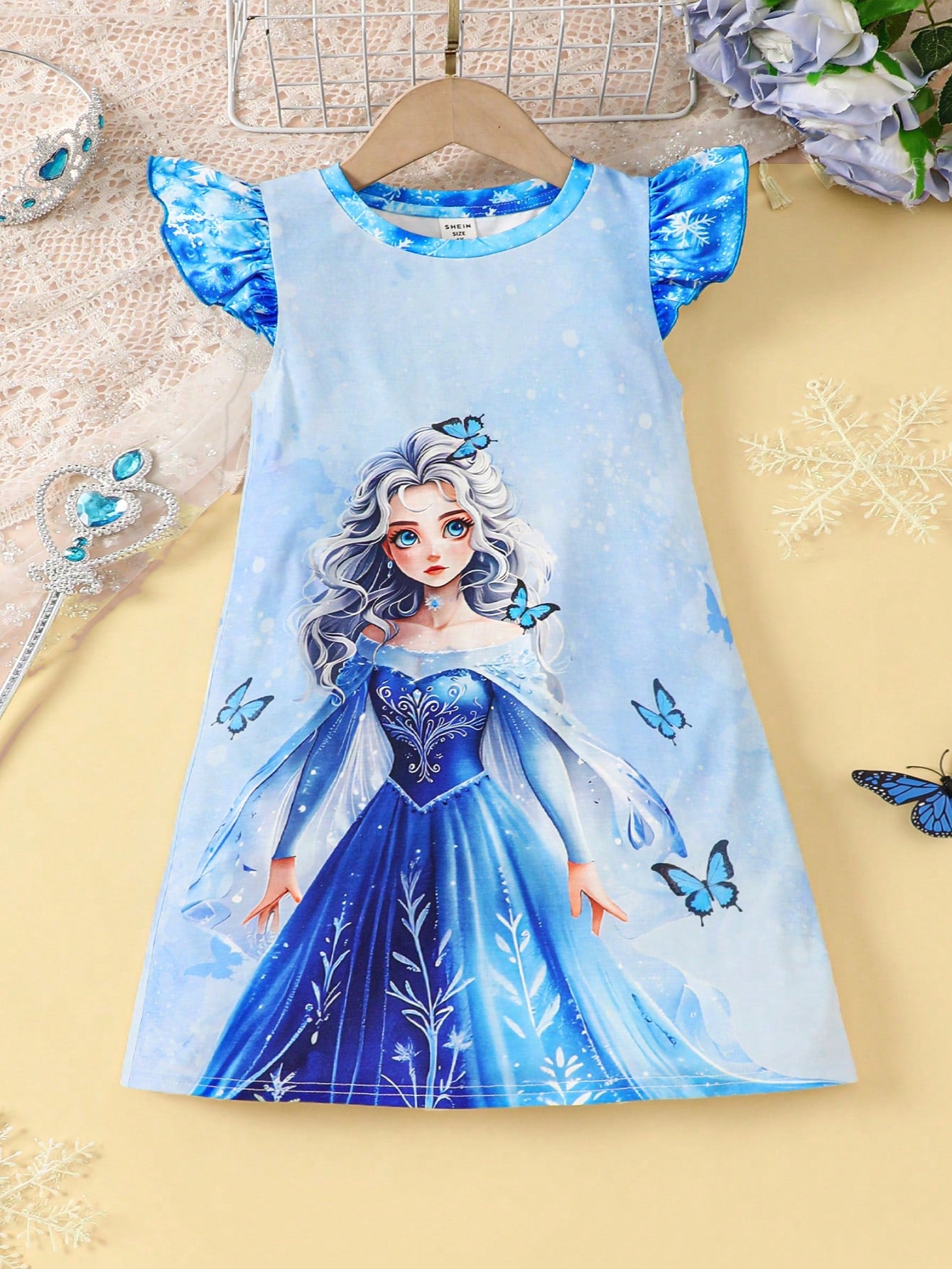 Young Girl Summer Cartoon Pattern Casual & Comfortable Casual Nightgown With Round Neckline And Flutter Sleeves, Flame Retardant