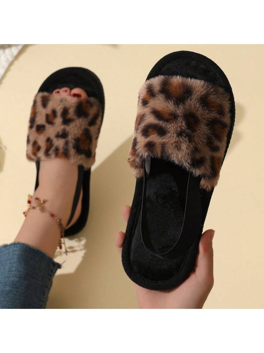 Leopard Print Fuzzy Flat Slippers, Open Toe Elastic Strap Slip On Shoes, Cozy & Warm Home Slipper Sandals