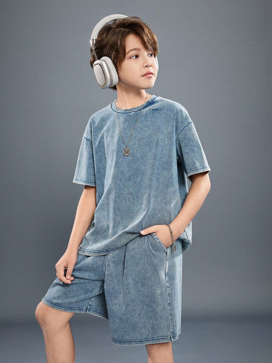 Tween Boys' 2pcs/Set Casual Soft Round Neck Short Sleeves Blue Denim T-Shirt And Wide Legs Denim Shorts Set, For Summer