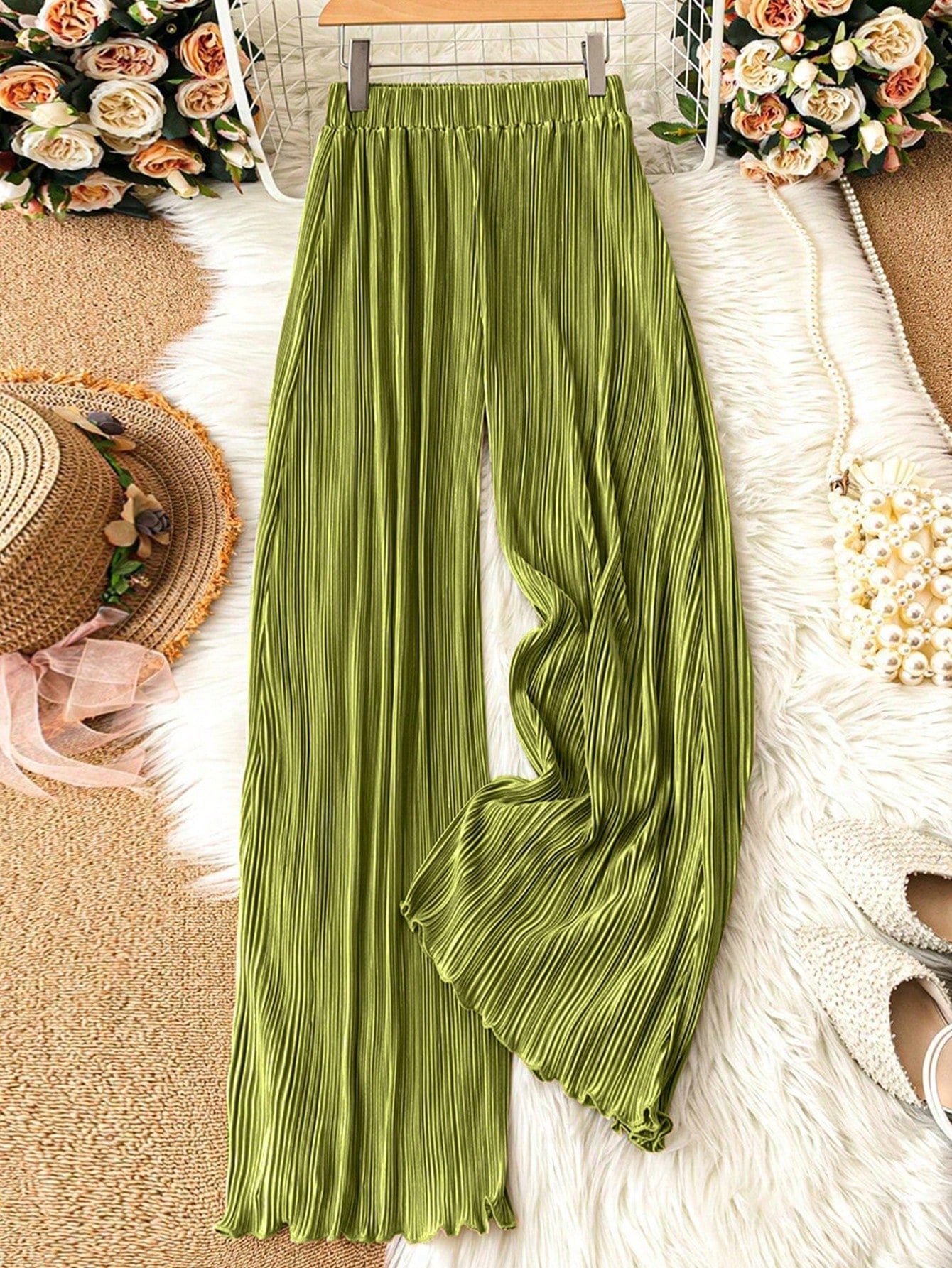 Solid Plisse Wide Leg Pants