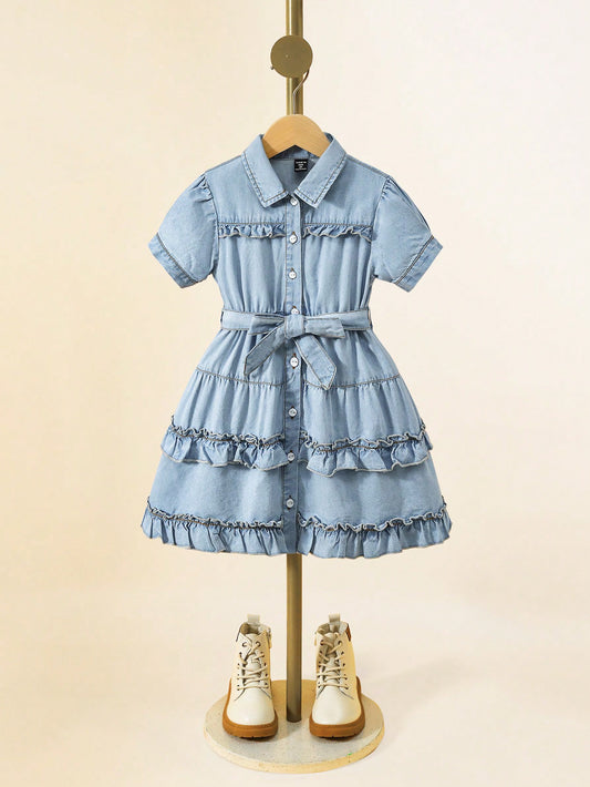 Young Girls Ruffle Hem Belted Denim Dress