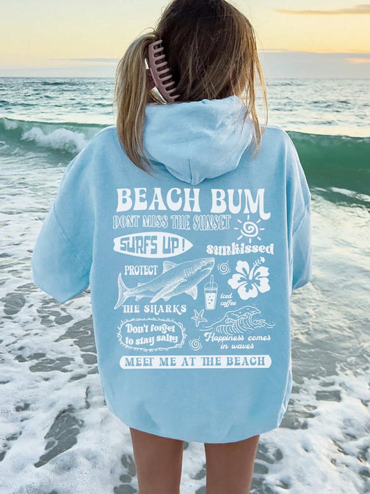 Slogan Graphic Drop Shoulder Drawstring Hoodie BEACH BUM DONT MISS THE SUNSET SURFS UP Sunkissed PROTECT THE SHARKS Don't Forget To Stay Salty Happiness Comes In Waves MEET ME AT THE BEACH