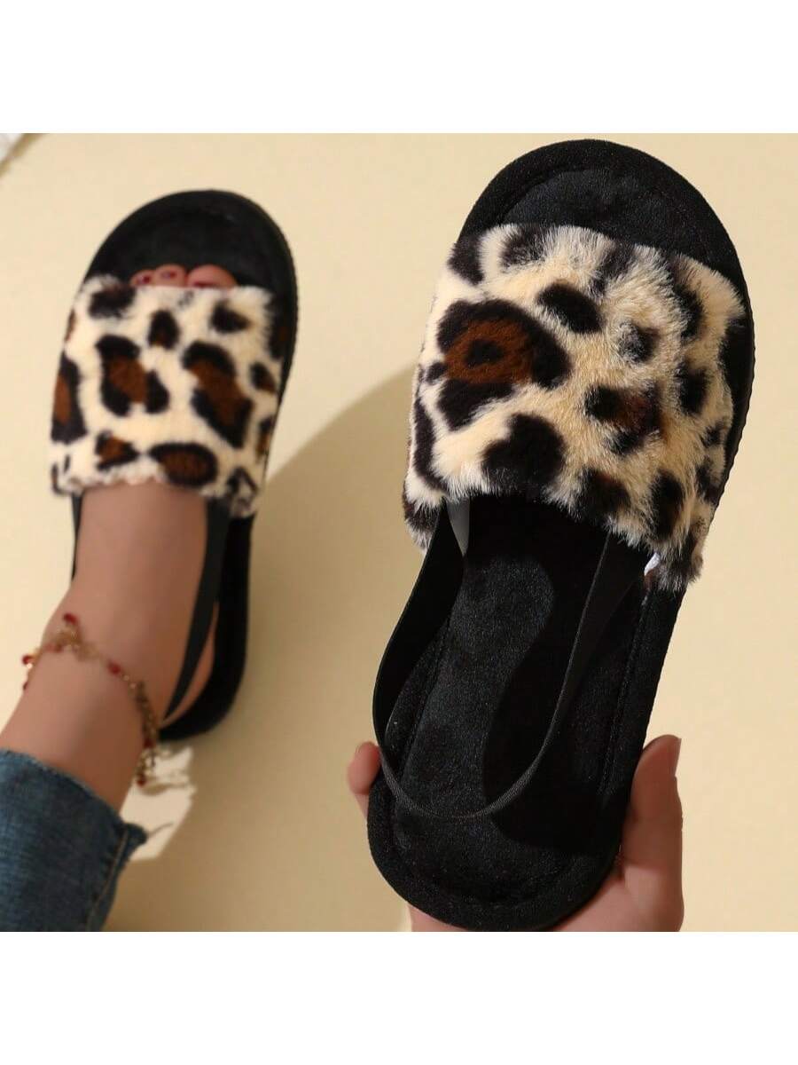 Leopard Print Fuzzy Flat Slippers, Open Toe Elastic Strap Slip On Shoes, Cozy & Warm Home Slipper Sandals