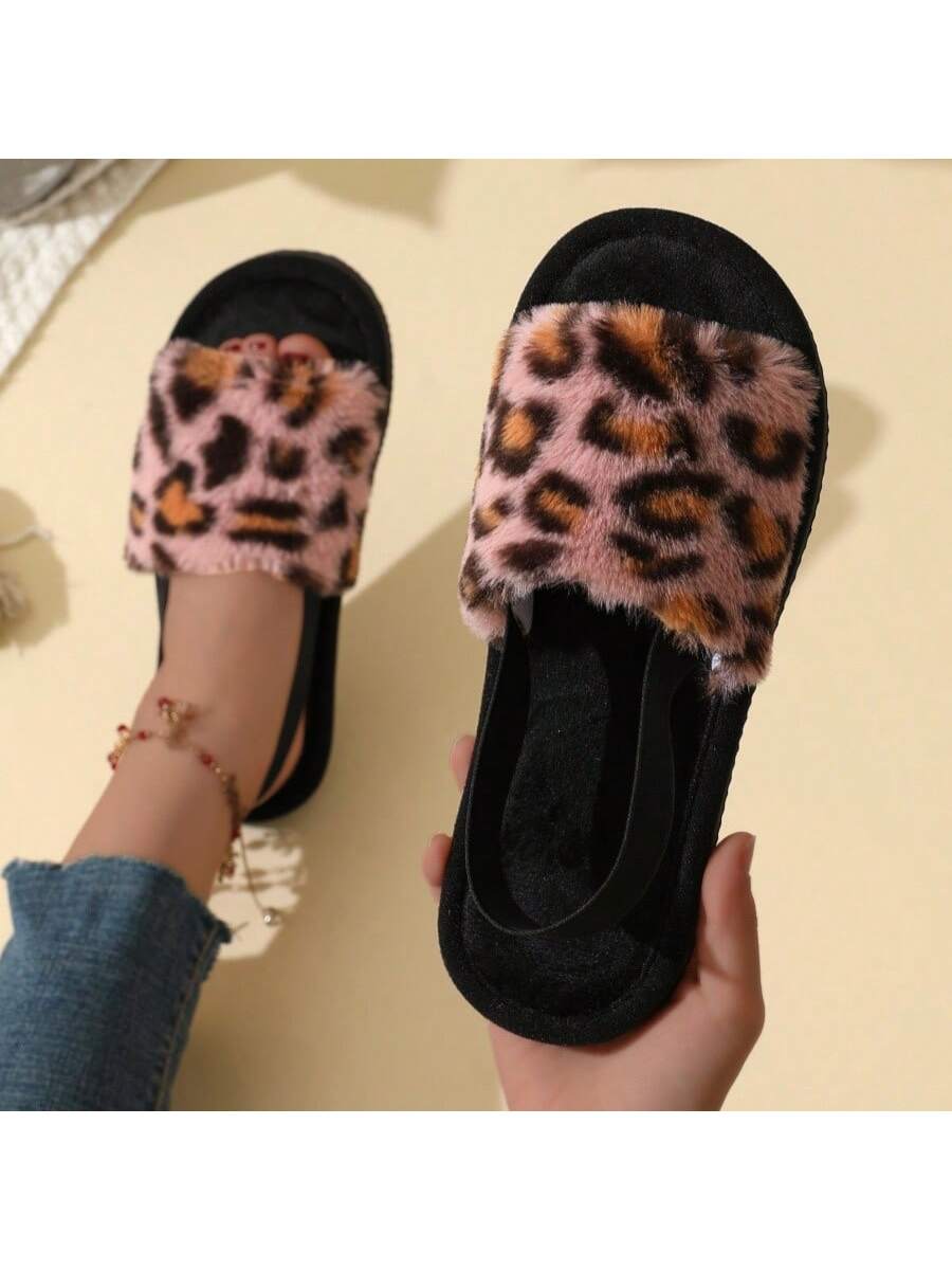 Leopard Print Fuzzy Flat Slippers, Open Toe Elastic Strap Slip On Shoes, Cozy & Warm Home Slipper Sandals