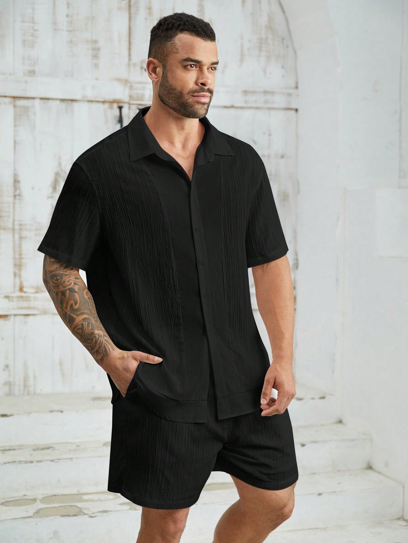 Men's Plus Size Monochrome Shirt And Shorts Outfit